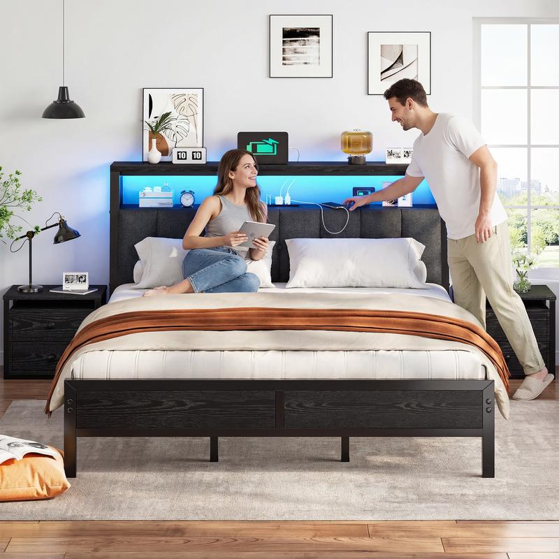 Raybee LED Bed Frame with Charge Station for Queen, Full, King, Platform Bed Frame with Upholstered Ergonomic Heardboard , 2 Tiers of Shelves & 12" Underbed Storage, Industrial Modern Bedroom Furniture, 1000lbs Capacity with Metal Slats & Frame, Black
