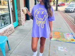 Comfort Colors Livin The Dream Tee, Neon Summer Droopy Smiley Face Top, Trendy Retro Yellow Pink Shirt, Relaxed Fit Weekend Vibes Graphic