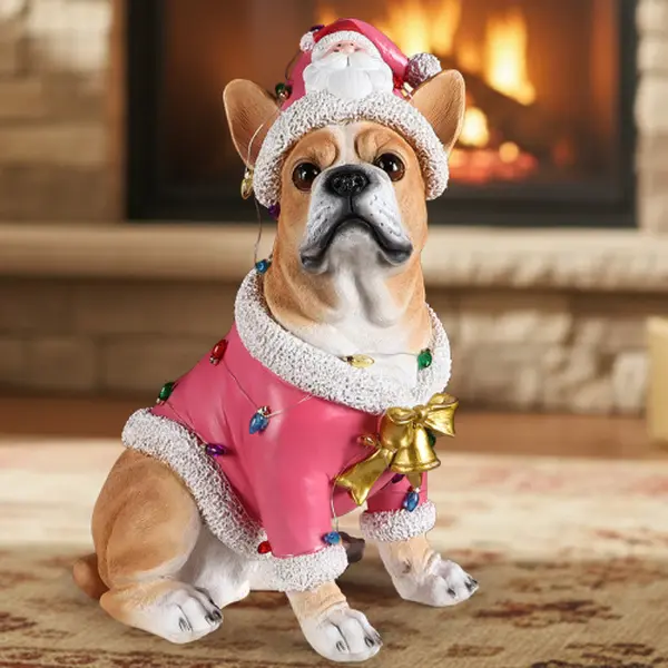 LED Light Glow Pink Santa French Bulldog Statue - Waterproof Resin Indoor/Outdoor Christmas Decor Ornament, Light-Up Frenchie Figurine, Festive Look