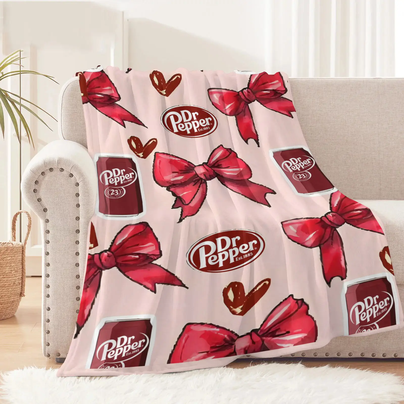 Soft Funny Throw Blanket Dr Pepper With Coquette Bow Flat Velvet Blanket Multipurpose Office Bedding Blanket PlushThin Quilt Holiday Gift