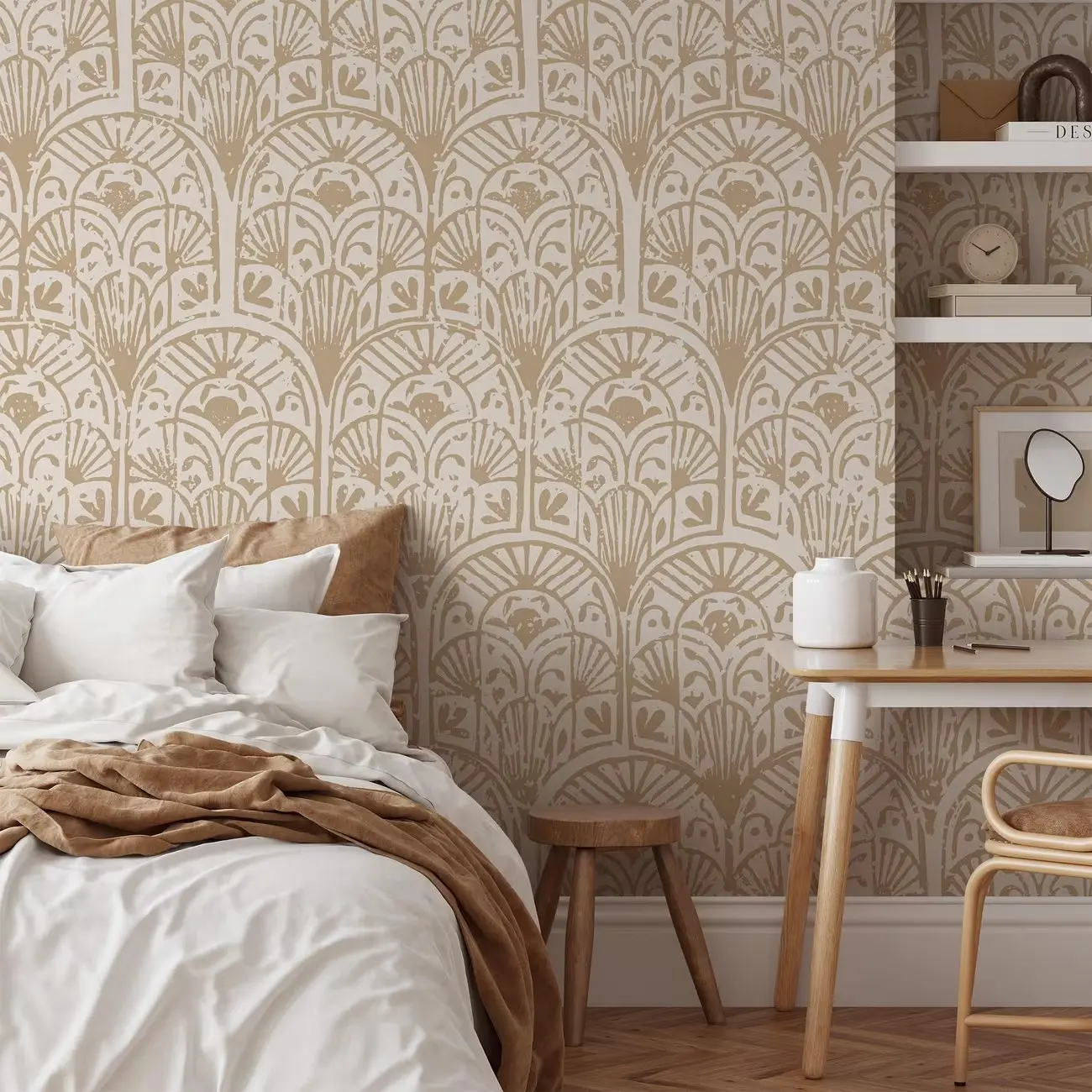 Boho Art Deco Wallpaper, Peel and Stick, Self Adhesive Wallpaper, Removable Wallpaper, Mould-Proof, Vintage Fan Pattern, Renter-Friendly, Neutral Home Decor, Living Room, Interior Walls