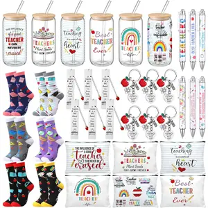 36 Pcs Teacher Appreciation Gifts End of Year Gifts for Thank You Teacher Keychains Pens Makeup Bag Socks Bookmark Cups Back to First Day End of Year Basket