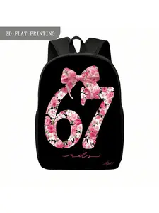 1pc Kawaii Cute Backpack with 67 Number & Pink Rose Bow - Floral Print School Bag, Lightweight Durable Bookbag for Teen, for Back to School, College, Campus, Adjustable Straps & Numbered Design for Identification, for Teenager