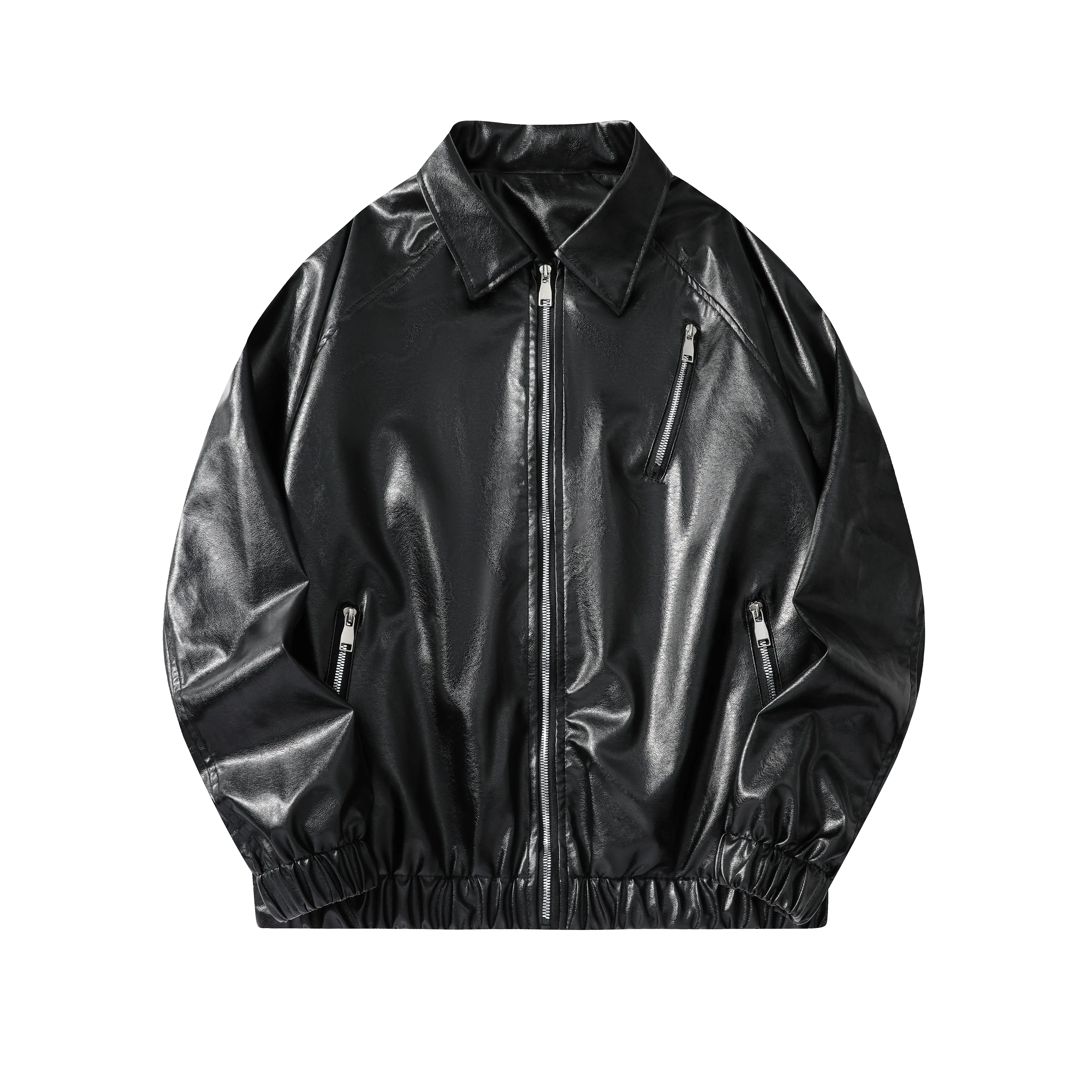Men's Multi-zippered Multi-pocket Leather Jacket Outdoor Motorcycle Coat Machine Washable Comfortable Fabric Black Long Sleeve