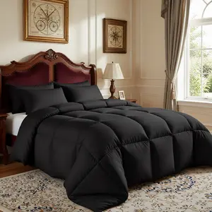 Black Down Comforter | All Season Cozy Bedding | Box Stitched Quilt for Bedroom Decor covers duvet blanket puffed All-Season Luxury Queen plush  comfortable size insert scandinavian sleep method coverless marshmellow Luxurious Goose Feather