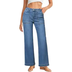 Women's High Waisted Wide Leg Jeans, Stretch Denim Pants with Patch Pockets, No Belt Full Length, Machine Washable Elegant Casual Denim, Sizes XL/XXL, All Season Versatile Wide Leg Jeans for Women