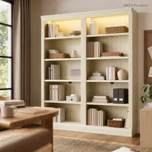 Modern Bookshelf, 83" Tall Solid Wood 5-Tier Free-Standing Indoor Storage Organizer Suite with Adjustable Shelves, LED Light Strip, Beige & Yellow Decor Unit for Living Room, Home Office