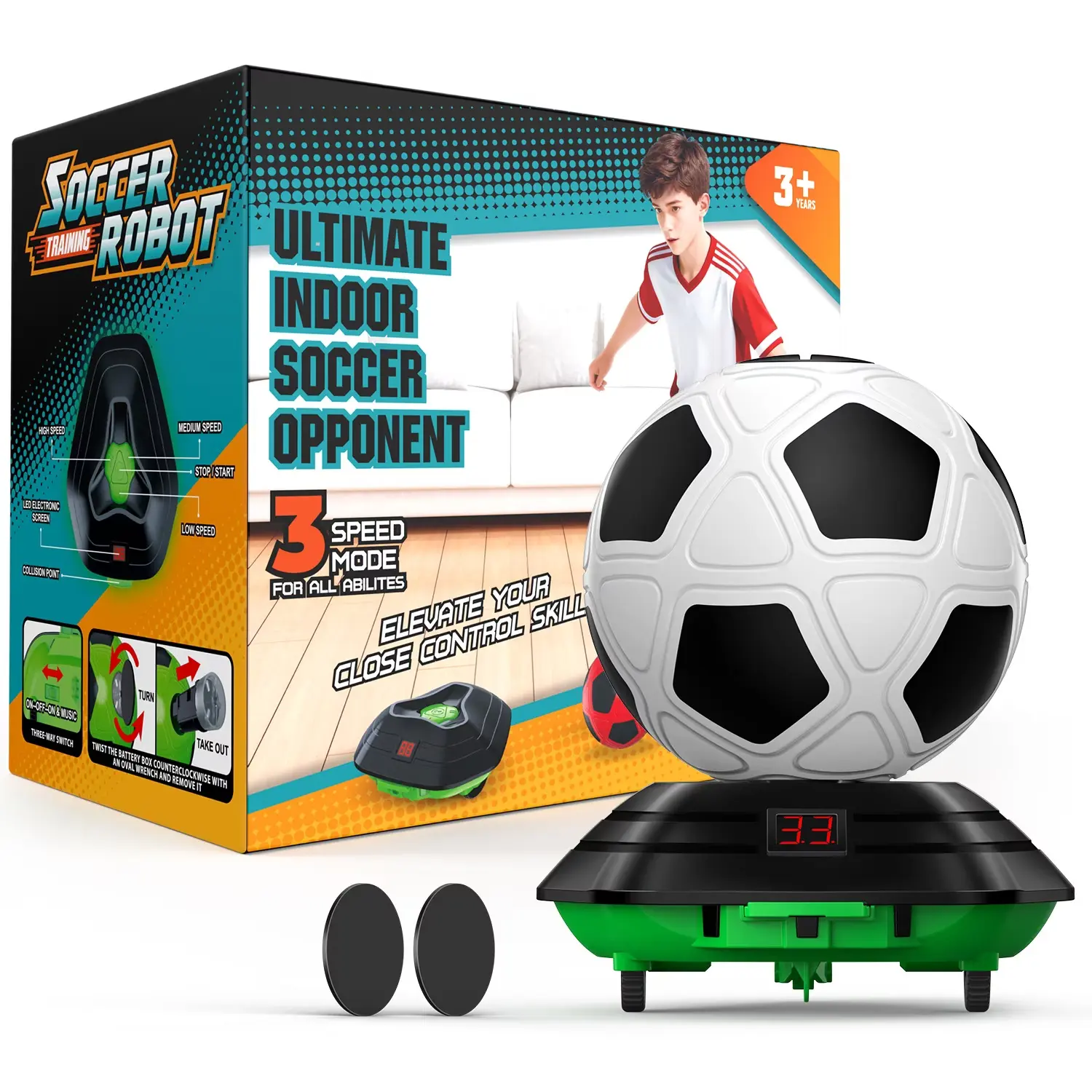 Smart Soccer Bot Training Ball - LED Display, Soccer Tracker, 3 Speed Modes, Indoor Football Toy for Kids