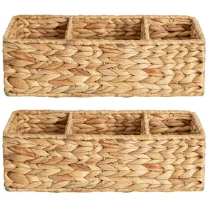 Water Hyacinth Toilet Basket Tank Topper - 3-Section Storage Basket for Toiletries, Remotes, CDs & Small Items, Handwoven Design, Durable