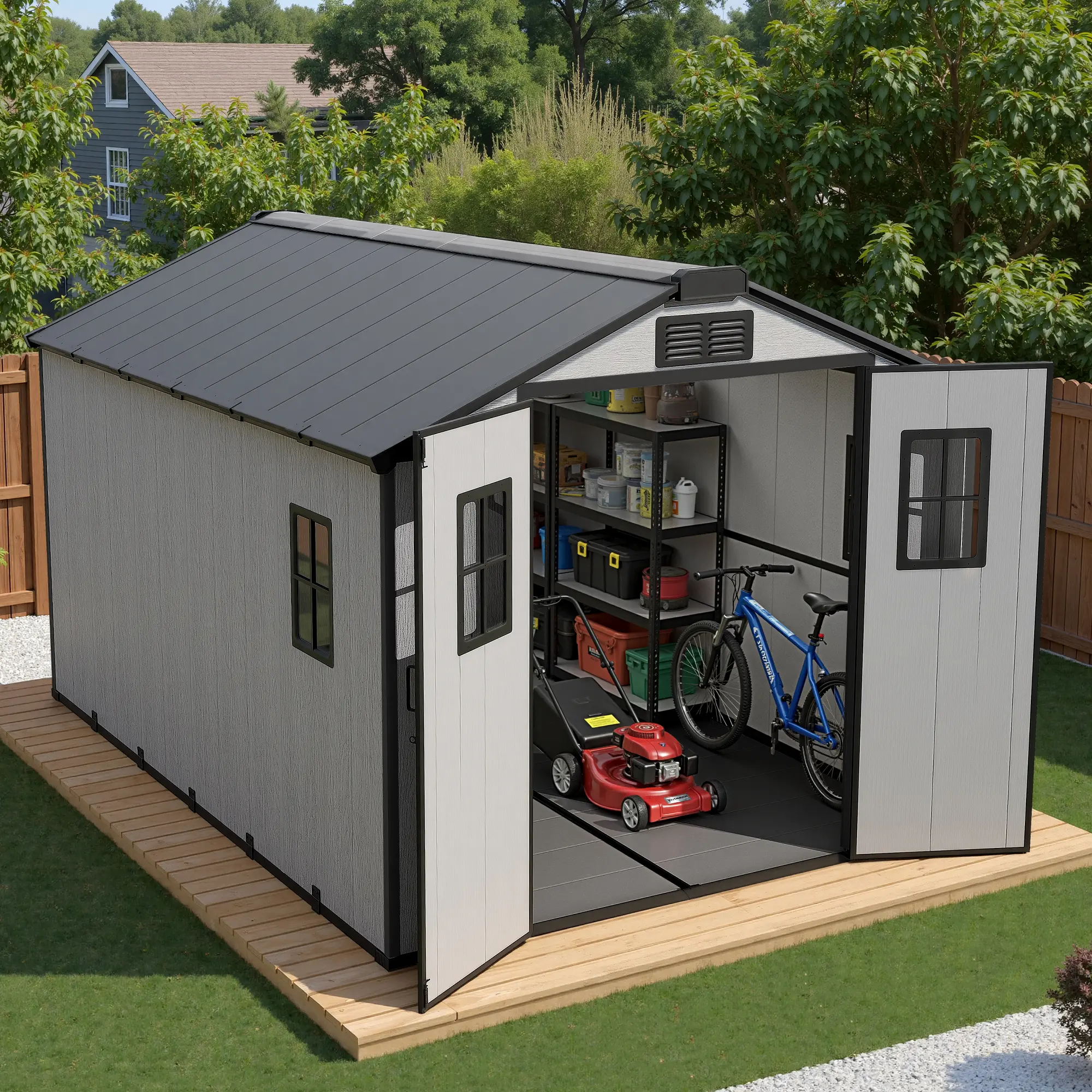 Weaxty 12'x8' Outdoor Storage Shed - Durable Resin & Galvanized Metal Build, Included Floor & Skylight, 4 Windows, Lockable Door for Garden Supplies, Equipment, Chicken Coop, Lawn, Rectangle