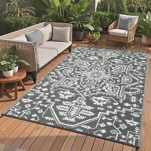 Large Outdoor Rug 8x10ft – Waterproof Reversible Plastic Straw Patio Mat, Vintage Medallion Design, Collapsible Lightweight Carpet for RV, Porch, Deck, Backyard