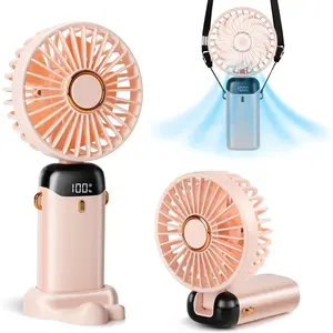 Portable Handheld Fan, 12 hours, Upgrade 3200mAh Portable Fan with LED Display, 90 °   Foldable, 5 Speed Wind,Hand Held/Neck/Desk 3 in 1 Personal Small Fans, Makeup Fans for Women (Pink)