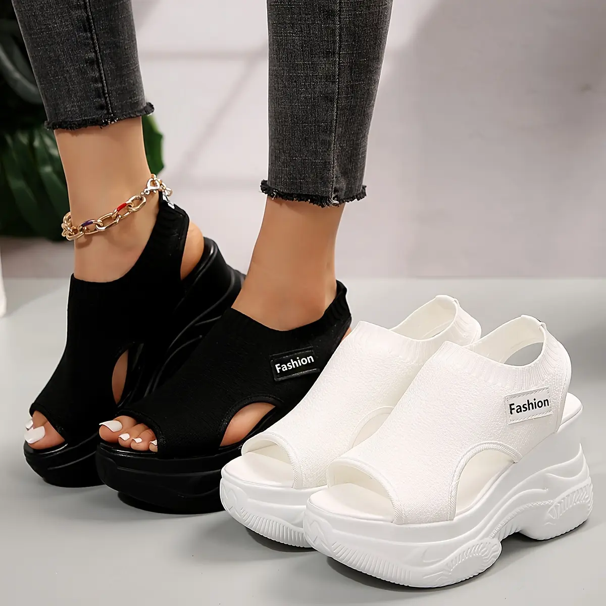 Women's Solid Color Casual Sandals - Platform Elastic Soft Sole Knitted Walking Shoes, Heightening Wedge - For Women - Suitable for Vacation, Travel, Everyday Wear