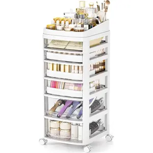 6 Drawers Rolling Cart, Clear Plastic Drawer Organizers, Dust Proof Under Desk Storage with Dividers for Makeup Skincare Art Crafts Baby Items, Acrylic Cosmetic Vanity Organizer Cart