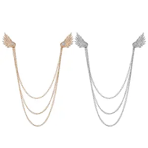 Angel Wings Brooch Set: 2-Piece Rhinestone Lapel Pin 3-Layer Collar Chains for Men Formal Business Wedding Shirt