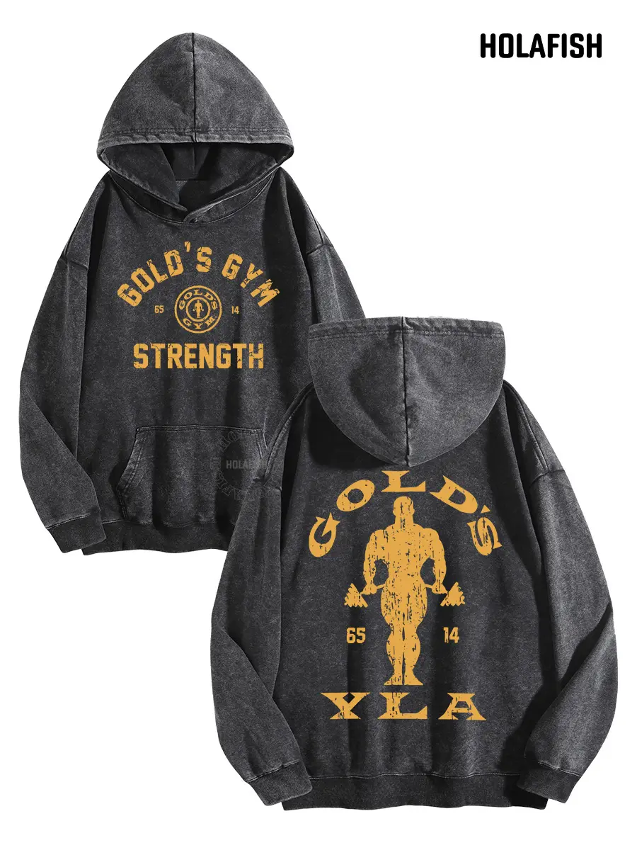 Holafish Vintage Acid Wash Gym Hoodie Retro Streetwear Must-have Tops Unisex Classic Gym Strength Graphic Hoodie Old School LA Gym Acid Wash Hoodie Oversized Workout Casual Pullover Hoodie Loose Fit  Womenswear Long Sleeve Sweatshirts