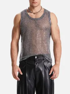 Nightclub Sexy Mens Tank Tops Mesh Sequin Glitter Hollow Out Transparent Vest Men Summer Fashionable Sleeveless Mesh Camisoles Sparkly Glitter Vest