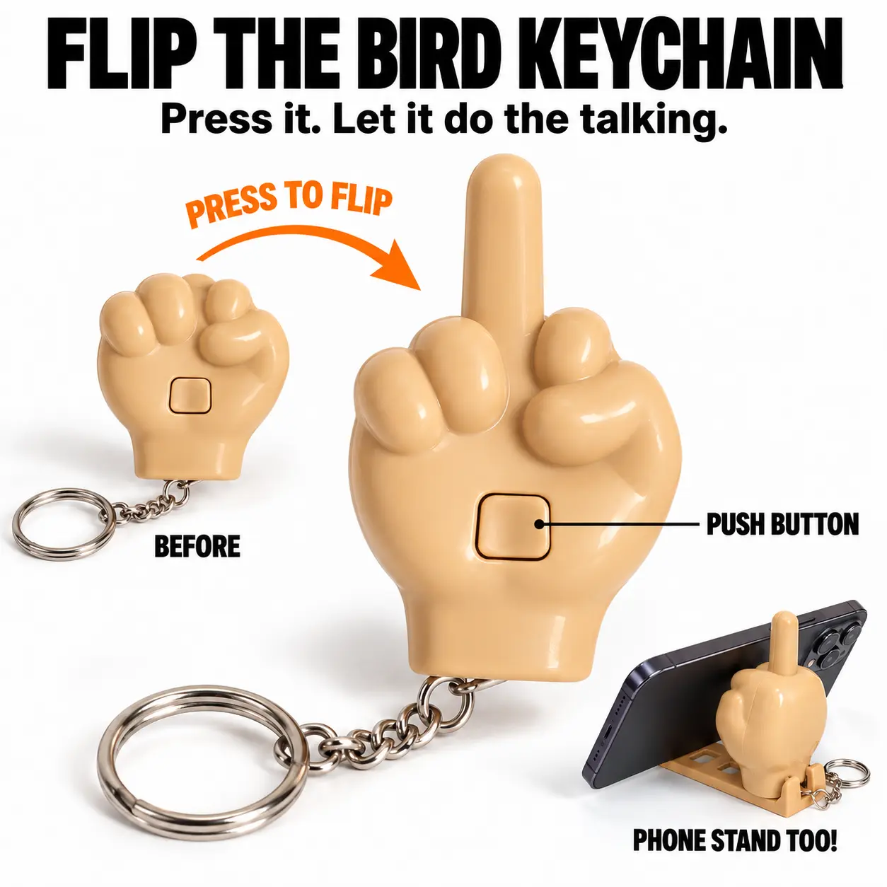 Flip the Bird Keychain, Universal Friendly Gesture, Push Button Pop Up Middle Finger with Phone Stand Attachment and Wrist Strap, Funny Gag Gift for Friends