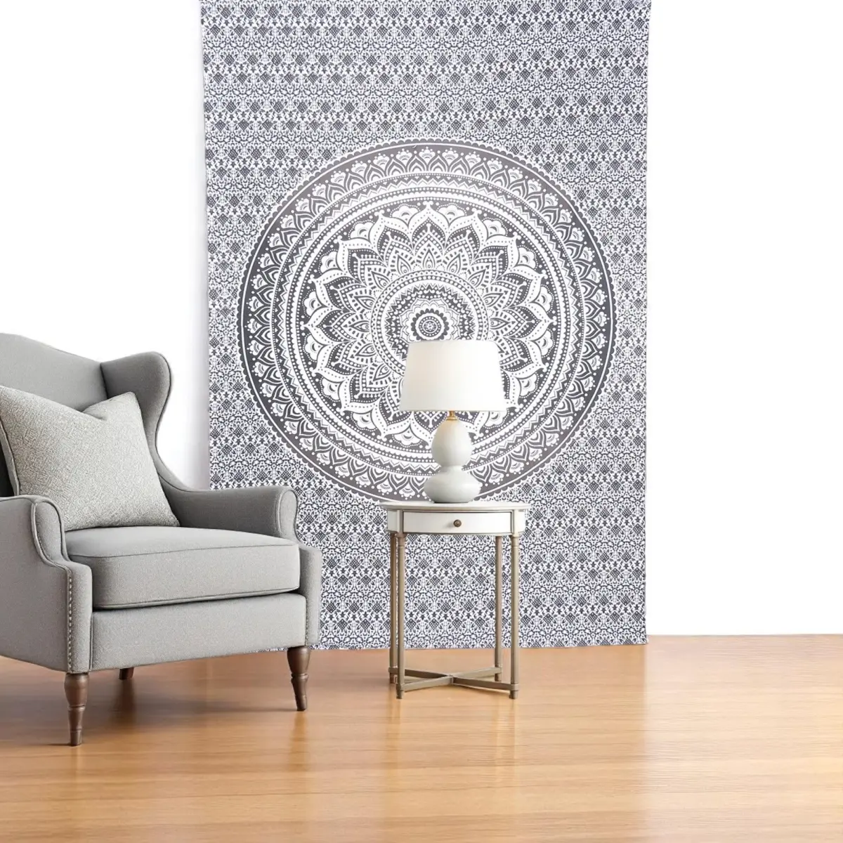 212 MAIN Large Rectangle Cotton Boho Print Tapestry - 80x56in Black-White Mandala, Handmade Vertical Wall Hanging, Indoor/Outdoor Home Decor Accent, Room Art Table Supply, Home Inspo