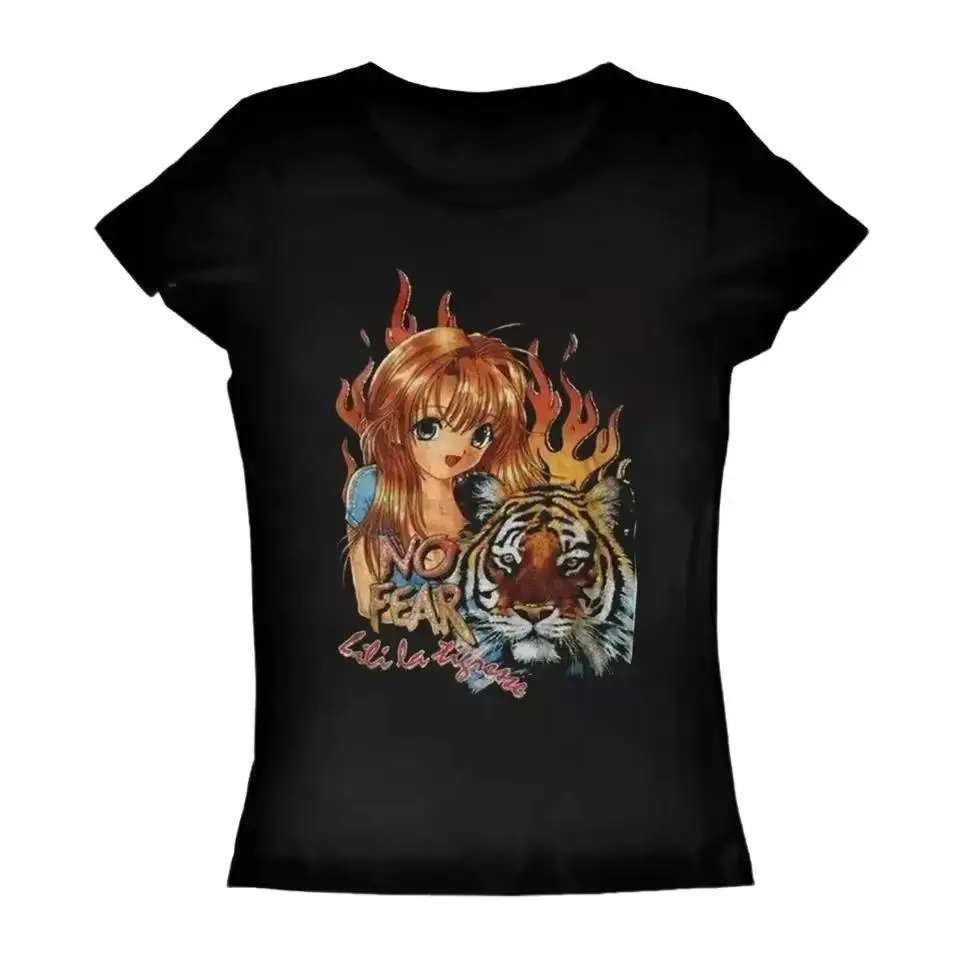 90s Aesthetic Tiger Girl Baby Tee, Emo Punk Baby Tops, Y2K Streetwear, Gothic Letter Graphic Print Tee, Women 2000s, Y2K Clothes, Summer Outfits, OOTD, Downtown Girl Baby Tee, Gift For Her, Outfits