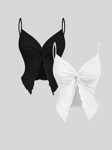 Spring Summer New Butterfly Shape Women's Basic Casual Fitted Adjustable Strap Two-Piece Set, Versatile Ladies' Top & Bottom