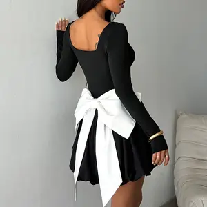 XM25057MHO - Women's Long Sleeve Bodycon A-Line Bow Mini Dress, Square Neck Plain Sweet Short Dress with Bow