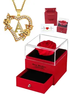 Heart Letter Necklace with Rose Jewelry Box, Elegant Gift for Women Girls, Perfect Mother's Day Anniversary Valentine's Christmas Present