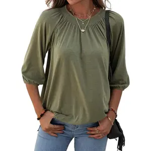 Imily Bela Women's Solid Crew Neck T Shirt Blouse Cotton Half Sleeve 3/4 Sleeve Casual Loose Pleated Basic Tops
