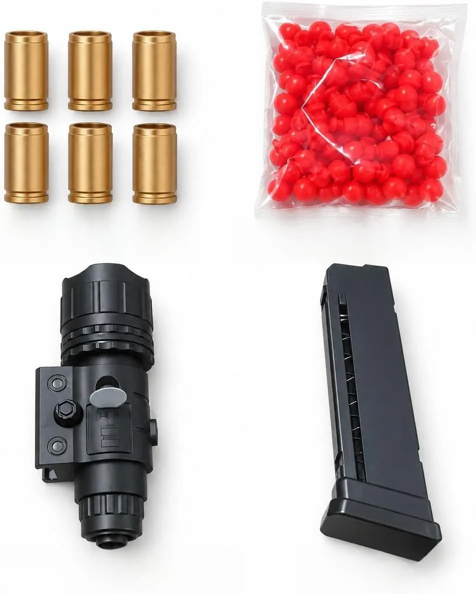 Accessory Refill Set for Building Block Toy Blaster, 100 Red Toy Bullet Heads, 6 Shell Casings, 1 Magazine, 1 Flashlight Attachment, by Sooshoom