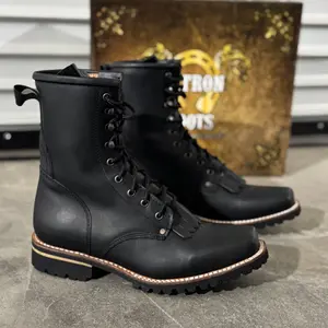 401 Negro Laser Trk Lace-Up Logger Style Work Boots Heavy Duty Lug Sole All-Terrain Grip Square Toe for Men's Outdoor Indoor Use Rugged Design with Adjustable Fit and Protective Kiltie Tongue