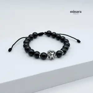 Bracelet with 8mm Onyx Beads Black Thread & 950 Silver Lion's Head Ideal for Everyday Wear or Special Occasions