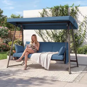 4 to 5 Person Outdoor Patio Swing with Canopy 2-in-1 Swing Bed Adjustable Backrest 800 lbs Capacity Porch Swing with Stand Removable Cushions Pillows for Backyard Garden Poolside