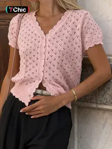 Summer Soft Style Hollow Out Knit Boho Button Front V-Neck Versatile Short Sleeve Top Blouses, Women's Fashionable Chic Casual Wear, Perfect for Daily Use Womenswear Knitted