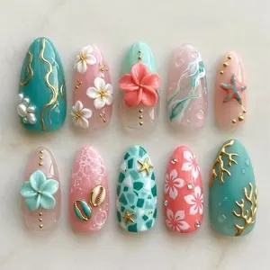 Pastel Ocean Press On Nails | Tropical Beach Nails with Flowers Starfish Shell Design | Summer Cute Nails Handmade Set Gift for Her Nail Art Kit Nail Box fathersdaygift