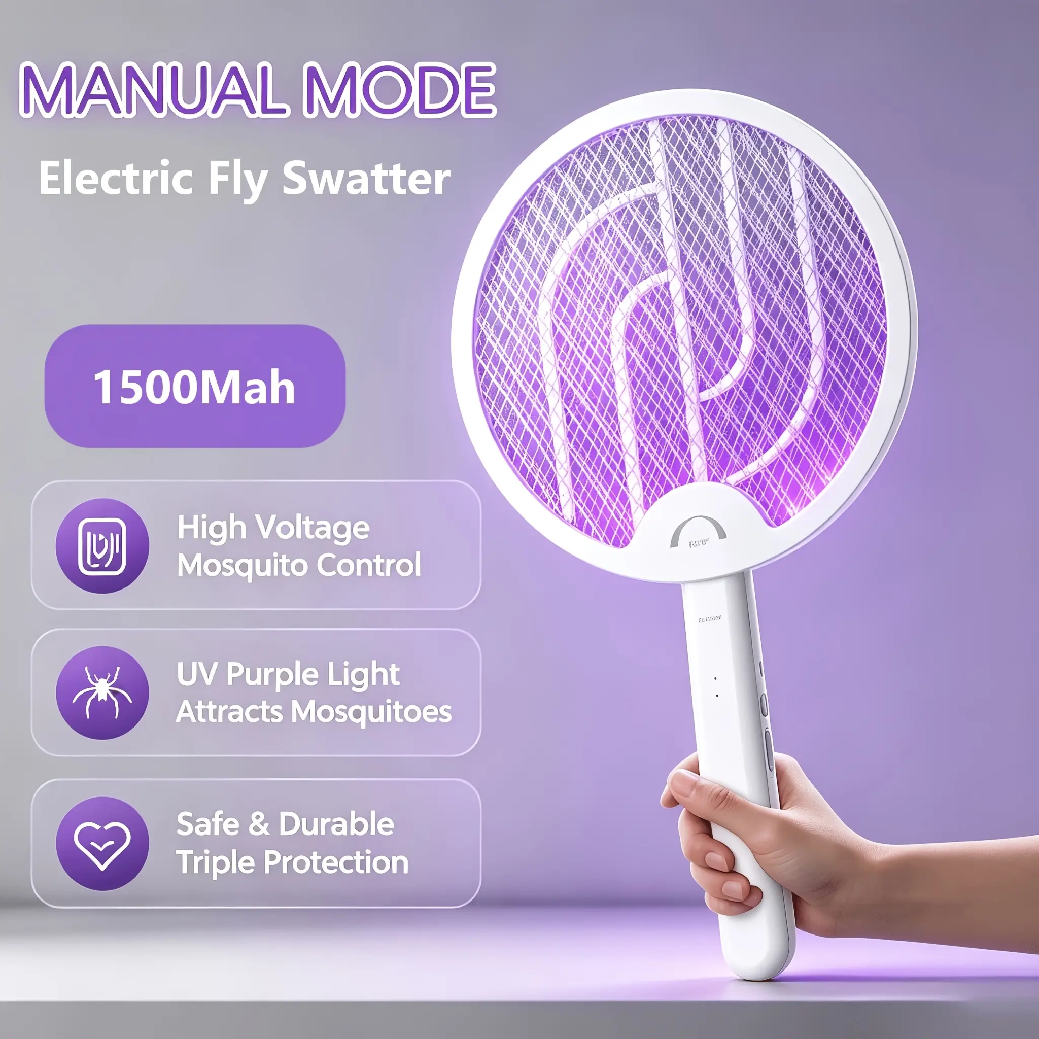 4000V Output Smart Electric Fly Swatter Dual-Mode Bug Zapper Racket, Foldable Compact Mosquito Killer with 1500mAh Rechargeable Battery, Purple Light, USB-C Charging, 3-Layer Safety Mesh Grid for Indoor/Outdoor