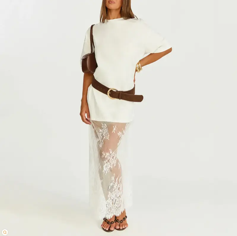Arssm Women’s Oversized T Shirt Maxi Dress – Sheer Lace Hem Baggy Dress, Drop Shoulder Short Sleeve Streetwear Outfit for Casual Summer Vacation Wear