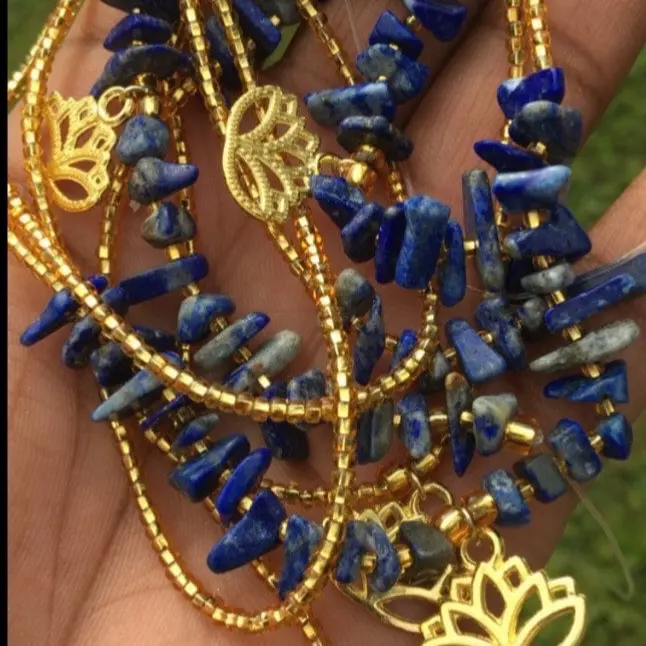 Adjustable Lotus Charm Waist Bead with Blue Lapiz Lazuli Crystal Beads for Women--=%2=- body=%2=----=%2=- decoration=%2=-- body decoration waistbeads tie on bellyjewelry belly chain
