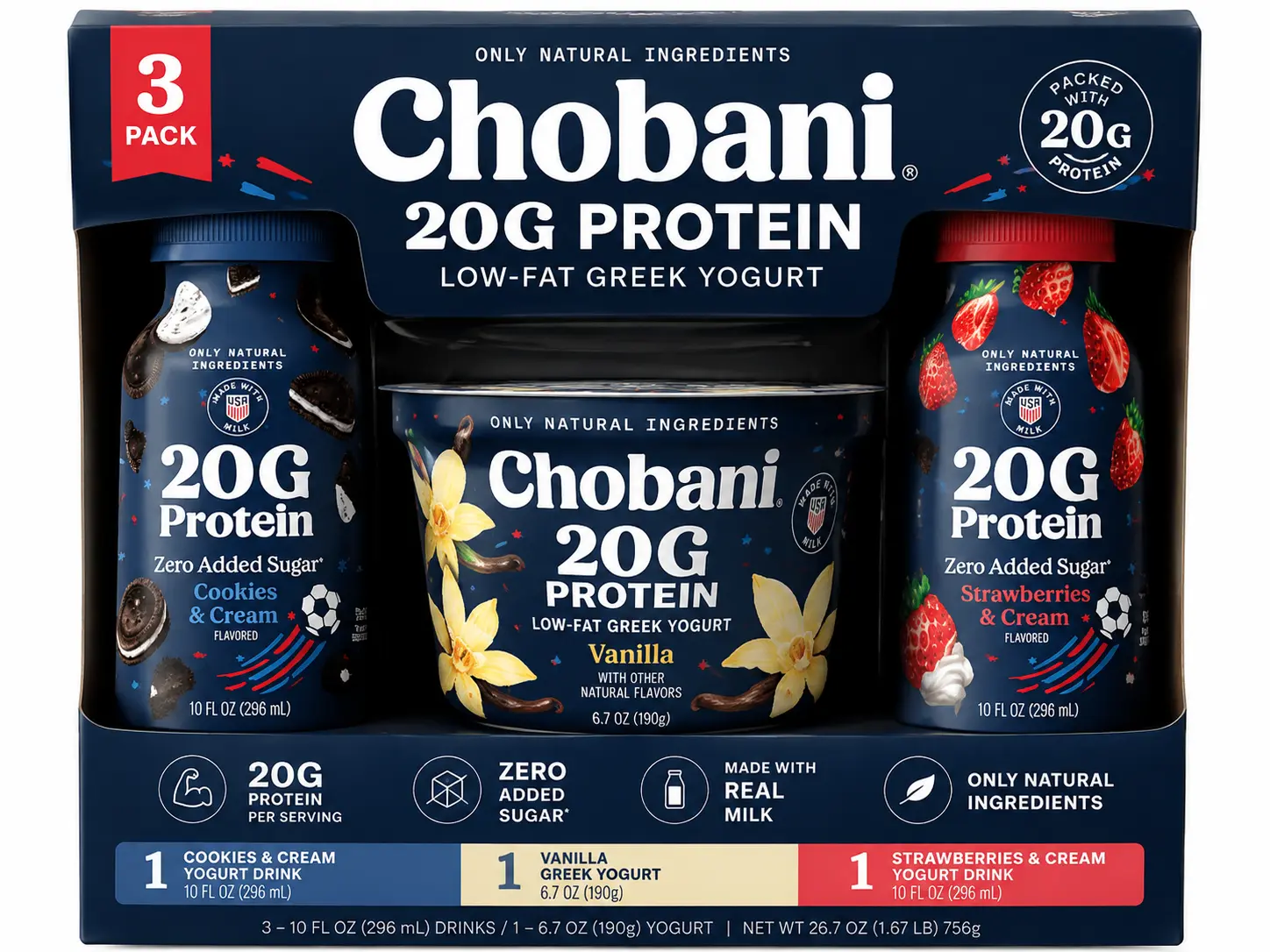 Chobani 20G Protein Low-Fat Greek Yogurt Variety 3-Pack – Vanilla 6.7 oz + Strawberries & Cream & Cookies & Cream 10 fl oz