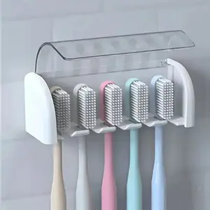 Self-Adhesive Wall-Mounted Toothbrush Holder, Toothbrush Protector, Cover, Dustproof Toothbrush Holders, 5-Slot Plastic Bathroom Organizer, Ideal for Bedroom & Shower Use, Durable Storage Solution