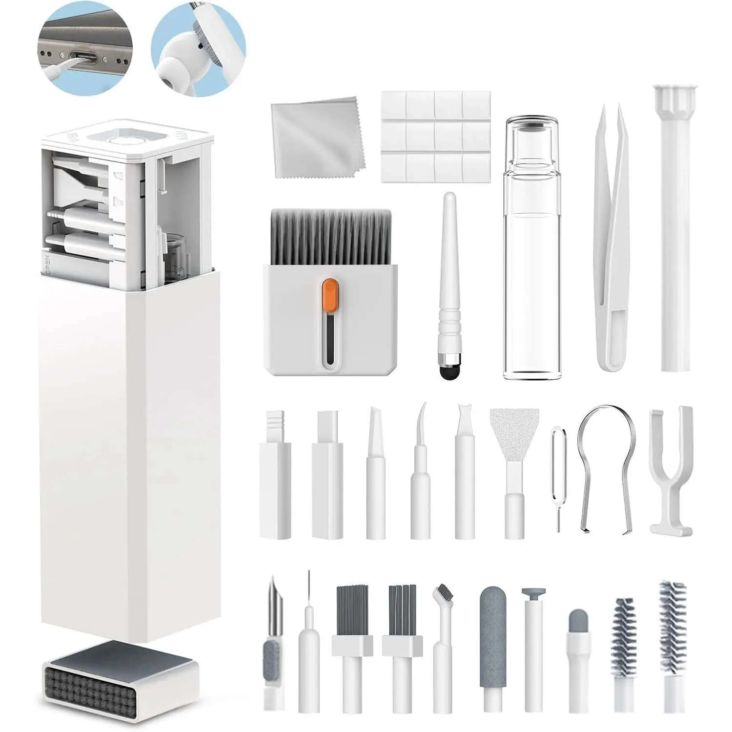 34-in-1 +13 Tools Compact Electronic Cleaning Kit with Tweezers, Chamois Cloth, Cleaning Clay, Capacitive Pen - Portable Cleaner for iPad, Smartphone, iPhone, MacBook, Keyboard, AirPods, Camera, 34-In-1 Electronic Cleaning Kit