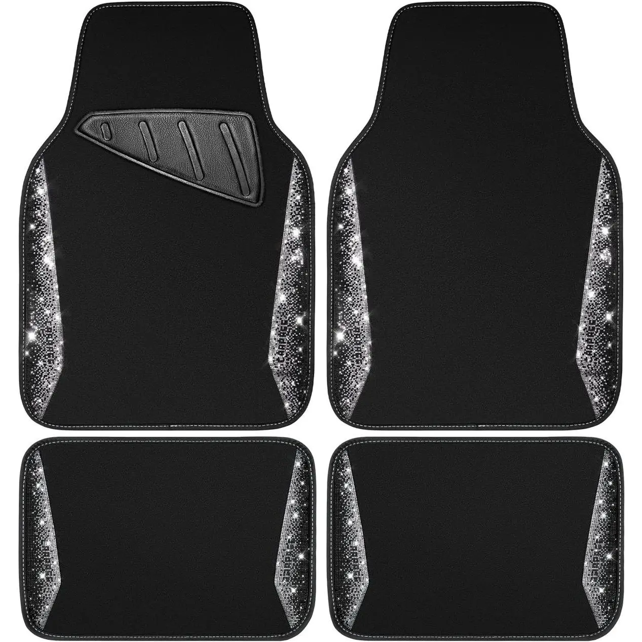 Diamond Car Floor Mat Shining Rhinestones Carpet, Sparkly Glitter Crystal Anti-Slip PVC Heel Pad Automotive Universal Fit for SUV Sedan Car Van, 4pcs for Girl Cute Women