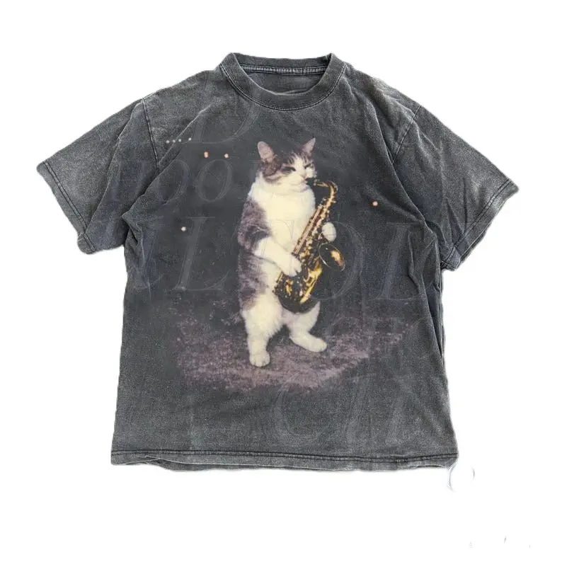 Saxophone Cat Vintage Graphic T Shirt, Retro Funny Jazz Music Cats Graphic Tee, Kitten Sax Gift