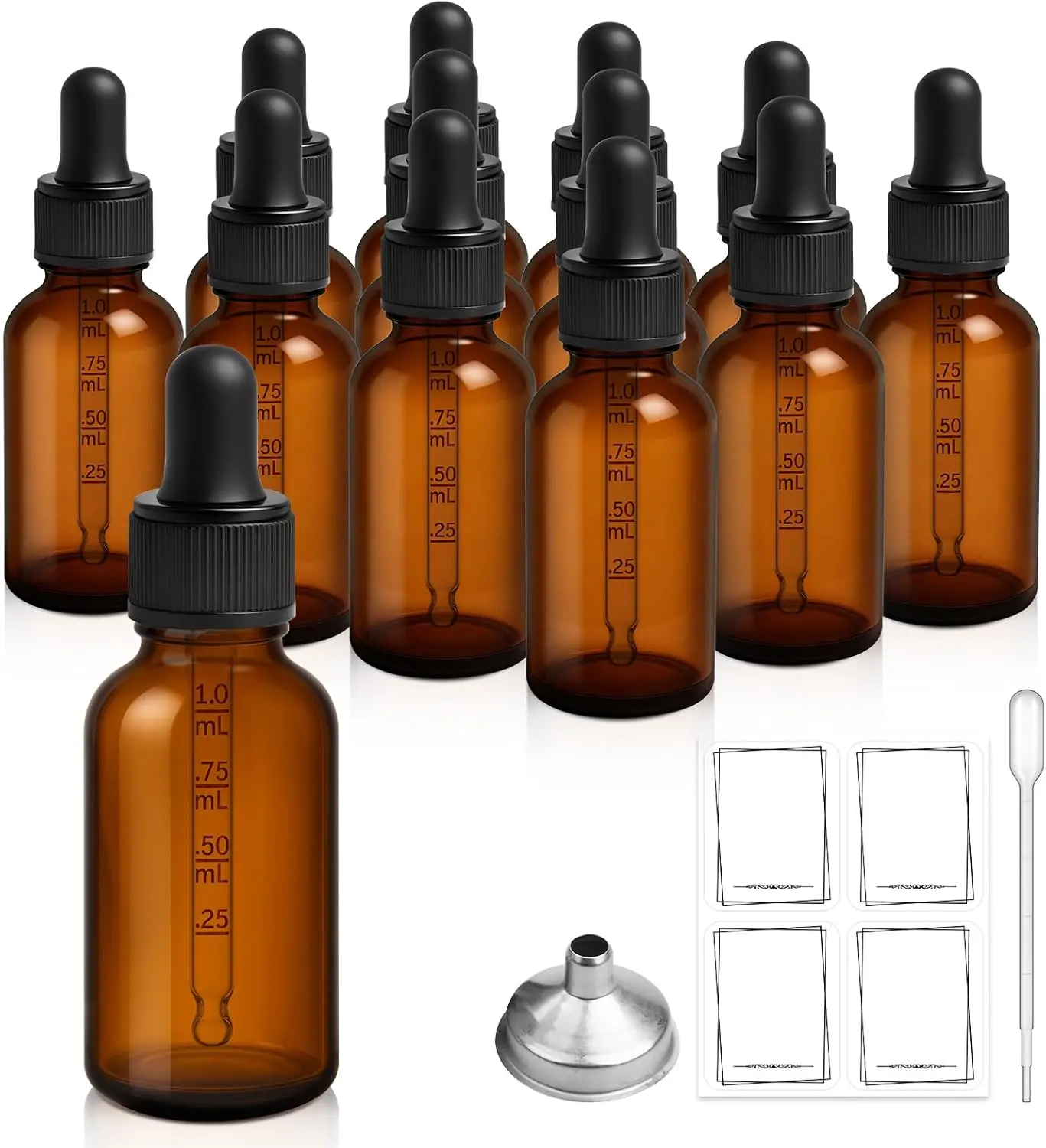 12 Pack, 1 oz Tincture Bottles with Dropper, Amber Glass Dropper Bottle Leakproof with Stainless Steel Funnel, Pipettes & Labels, 30 ml Eye Dropper Bottles For Essential Oils Serums Hair Body Oils