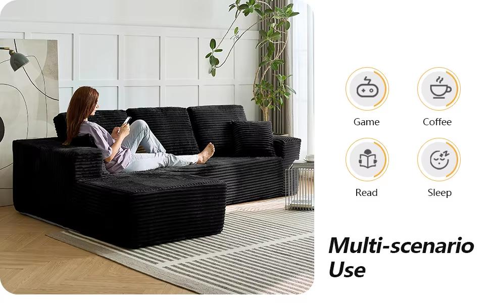 Modular Corduroy Cloud Couch Set - Boneless Sectional 3-Seat Convertible Sleeper Bed, Plush Oversized Chaise Loveseat with Soft Fabric, Blend Down Boneless Couches for Living Room Sofas, Indoor Apartment Furniture,summerwins