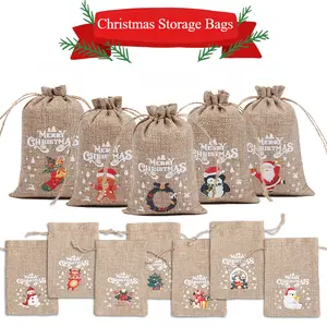 12pcs 2024 Christmas Burlap Drawstring Gift Bags - 3.94x5.91 Inch Small Storage Pouches with Festive Santa Reindeer Snowman Designs, Red Fabric for Candy Treats, DIY Holiday Party Favors & Gift Wrapping, Holidaythemed Illustrations, Natural Textured Bags
