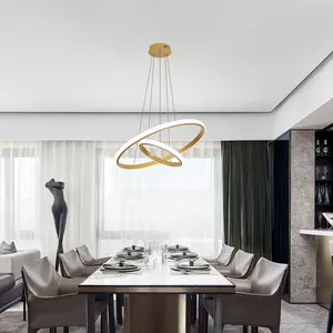 2024 1 count Modern LED Pendant Light, 2-Ring Circular Chandelier, Gold Finish, 6000K Cool White, Metal Ceiling Fixture For Living Room, Bedroom, Dining Area - 23.62in & 15.75in Diameter