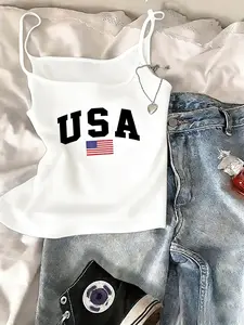 USA Flag Graphic Crop Cami Top, Patriotic American Print Sleeveless Tank Top, Y2K Aesthetic Casual Crop Top for Women, 4th of July Streetwear, Retro USA Summer Outfit Apparel