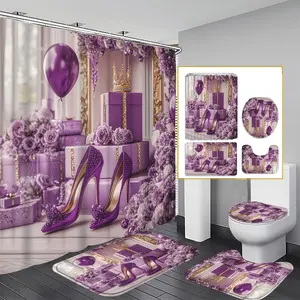 Handorio 1/4-Piece Purple High Heel Flannel Shower Curtain Set, Waterproof Lightweight Decorative Lavender Luxury Shoe Design, Includes A/U Toilet Lid Covers & 12 Hooks, 72x72in for Fashionable Home Bathroom/Garden Decor
