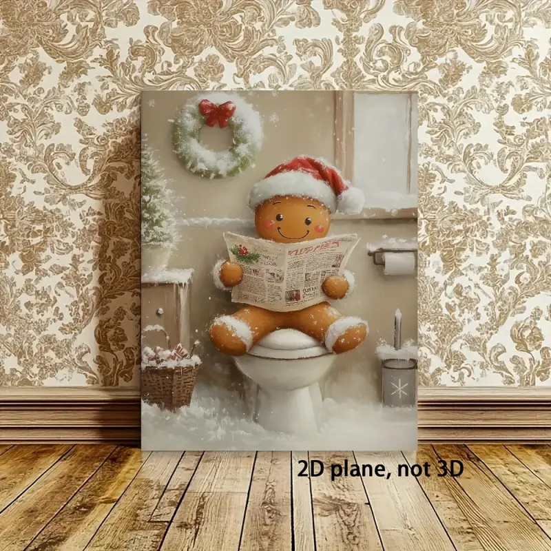 2D Flat, 1 Piece Funny Gingerbread Man Sitting on Toilet Framed Canvas Painting - Retro Bathroom Wall Decoration, Gingerbread Man Wearing Santa Hat with Snow Scene Window Scene - Indoor/Ready-to-Hang Christmas Decoration - Toilet Paper Embellishment - Per