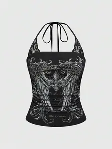 SAMPLEI J-Fashion Women's Y2K Concert Punk Print 2 In 1 Contrast Lace Halter Top